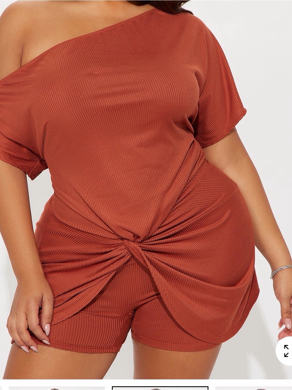 Fashion Nova One-Shoulder Knot-Front Ribbed Romper in Rust